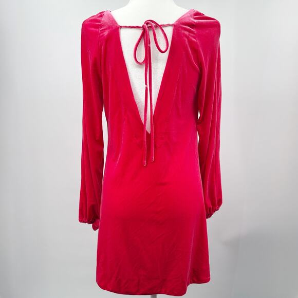 Free‎ People Misha Velvet Mini Long Sleeve Tie Back Dress in Red Pink Size S - Picture 3 of 11